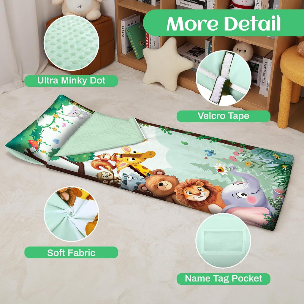 Toddler Nap Mat Kids Sleeping Bag 59‘’×24‘’, Soft Slumber Bag with Removable Pillow for Kids Girls Boys,Roll Up Sleeping Mat Lightweight for Camping,Daycare, Kindergarden
