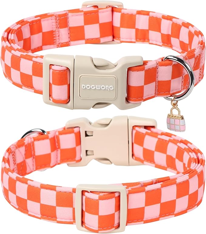 DOGWONG Pink Plaid Dog Collar, Pink Girl Dog Collars, Adjustable Cute Pet Collars Girl Design Dog Collar for Small Medium Large Dogs