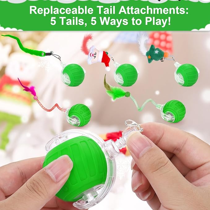 BABORUI Interactive Cat Toy Ball - Automatic Christmas Cat Toys for Indoor Cats with 5 Tails, 2 Speeds Rechargeable Cat Enrichment Toys for Small/Medium/Large Cats to Keep Them Busy