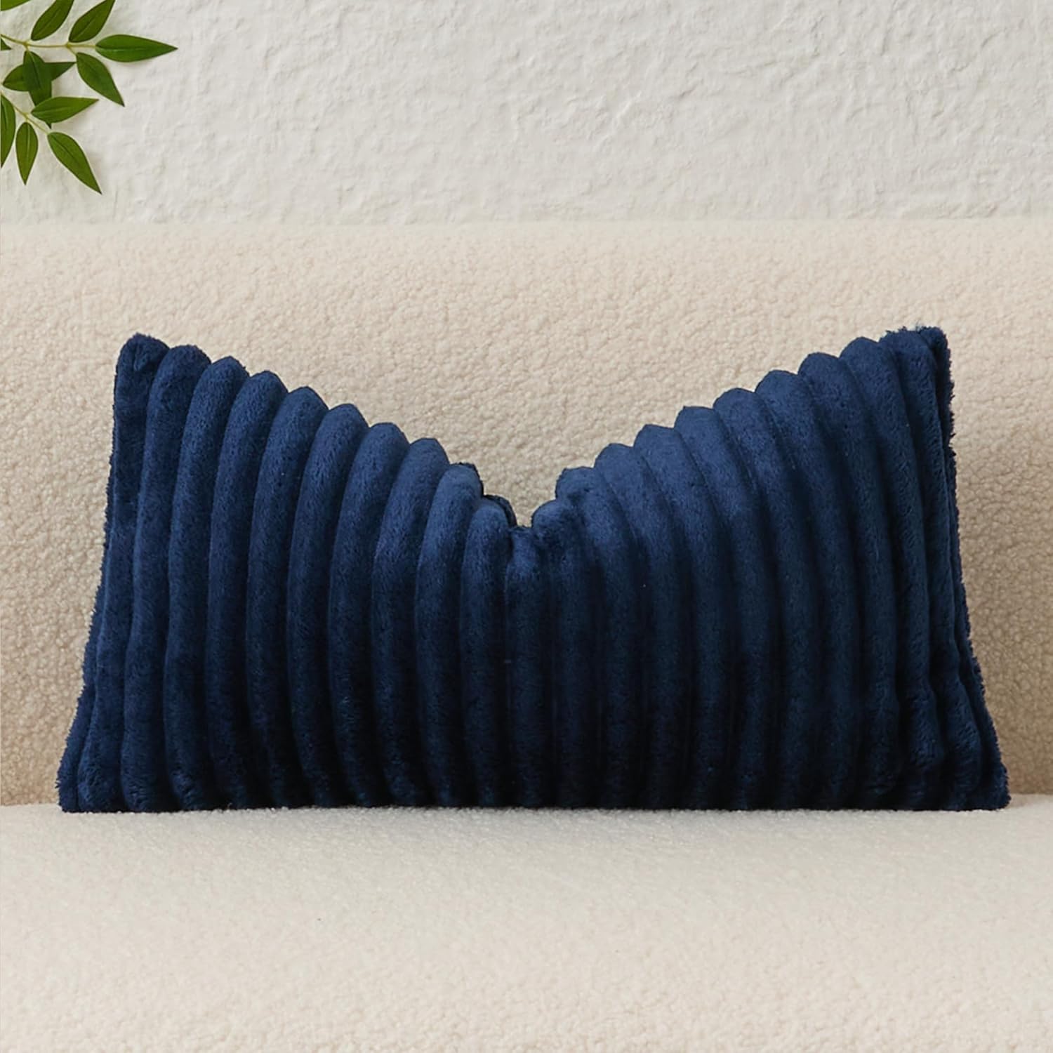 Kevin Textile Soft Plush 14x24 Inch Lumbar Pillow Cover 1 Pack, Luxury Fluffy Faux Fur Striped Flannel Rectangle Cushion Case for Couch Sofa Chair Bed Home Decor, Navy Blue