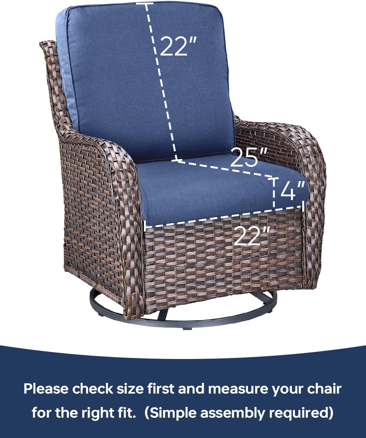 Pop 22x25/22x24 Outdoor Chair Cushions Set of 4 - Heavy Duty High Back Replacement Zippered Cushion for Patio Furniture Dining Rocking Chairs Loveseat L-Shape Sofa - Navy Blue/Classic