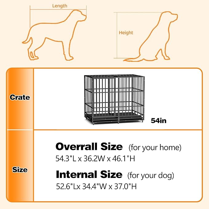 54 in Heavy Duty Indestructible Dog Crate Steel Escape Proof, High Anxiety Cage with Wheels, Removable Tray, Extra Large Dog Kennel XL XXL