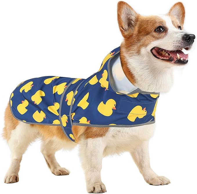 Dog Raincoat for Medium Dogs Waterproof Hooded Rain Jacket with Reflective Strips Leash Hole & Poncho Adjustable Fit (Duck,L)