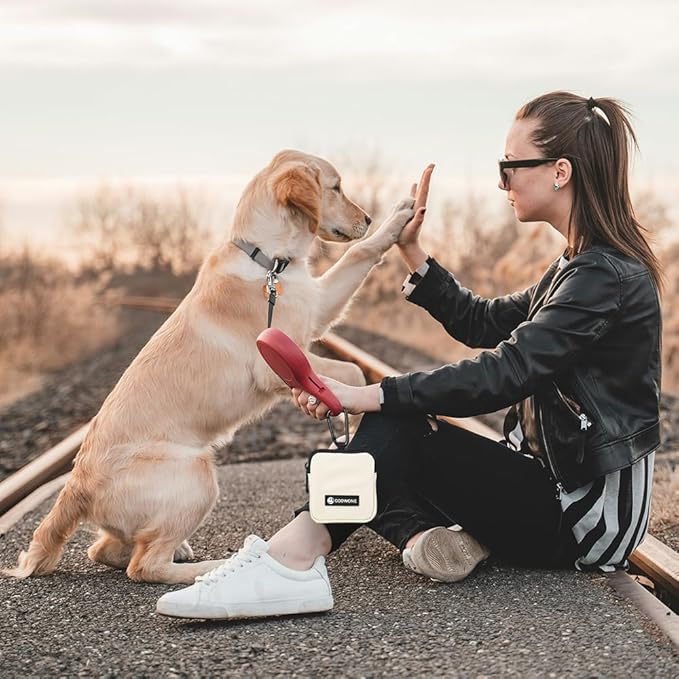 Waterproof Dog Treat Pouch, Dog Training Treat Pouch Built in Poop Bag Dispenser Adjustable Shoulder Bag (BLK) (Beige Small Pouch)