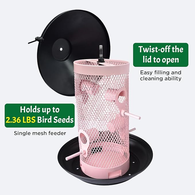 Hanging Metal Mesh Tube Bird Feeder for Wild Birds- Pink I 4 Metal Perches I Durable & Heavy -Duty I Weatherproof, Completely Removable Finch Bird Feeder for Balcony - 2 Lb Capacity
