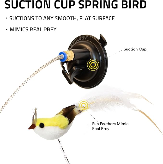 Playology Cat Toy Suction Cup Spring Bird | Interactive Toy with Lifelike Feather Bird | Secure Suction Cup with Unpredictable Movement | Perfect for Active Indoor Cats