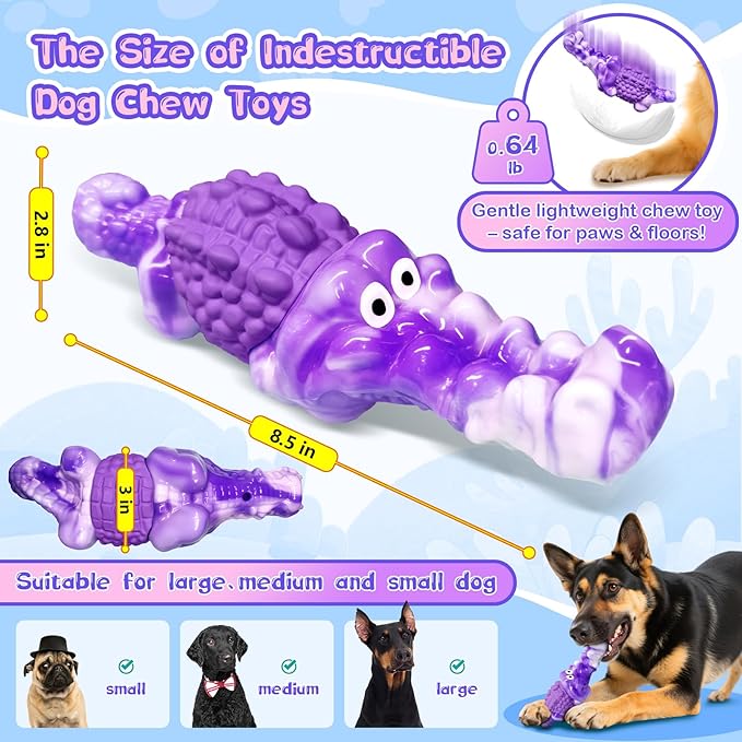 Squeaky Dog Chew Toys for Aggressive Chewers - Tough Crocodile Chew Toy for Small Medium Large Dogs, Dental Cleaning & Anxiety Relief, Boredom Buster (Purple)