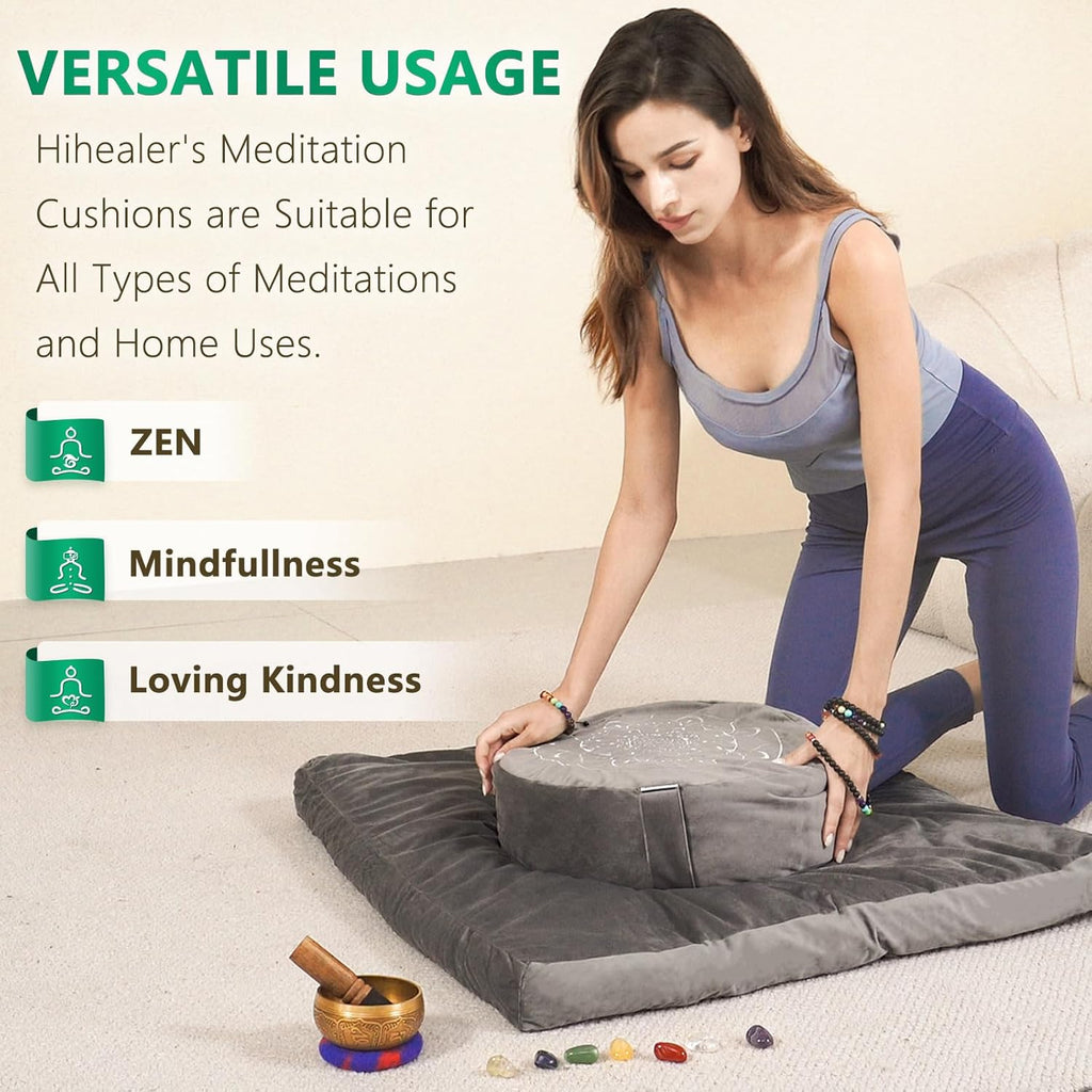 Hihealer Meditation Cushion, Traditional Tibetan Meditation Pillow Velvet Cover - Large Floor Cushion Seating for Adults - Yoga Buckwheat Bolster for Women、Moms