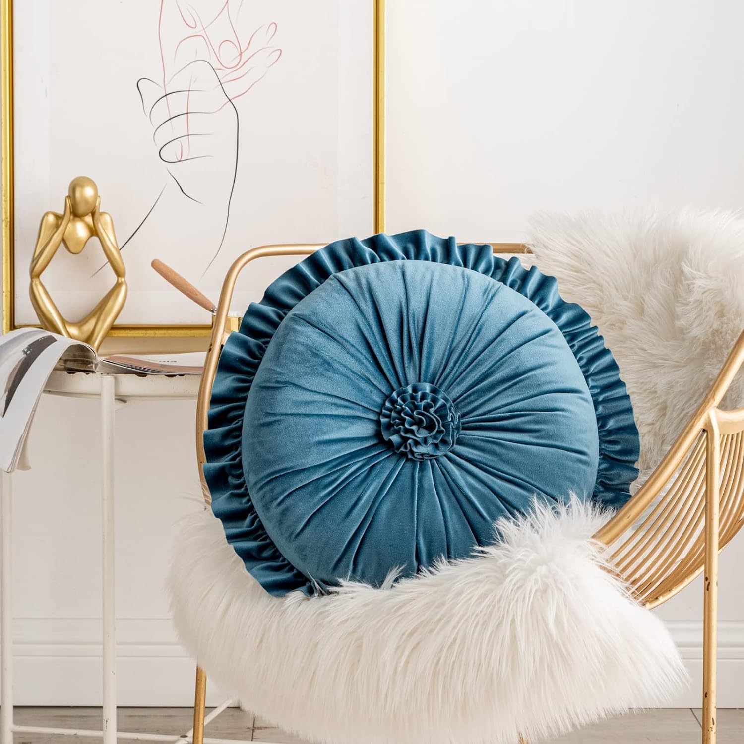 S SSOY Velvet Round Pillow - Ruffle Home Decoration Cushion for Sofa, Chair, Bed, Window, Floor, 13.7in