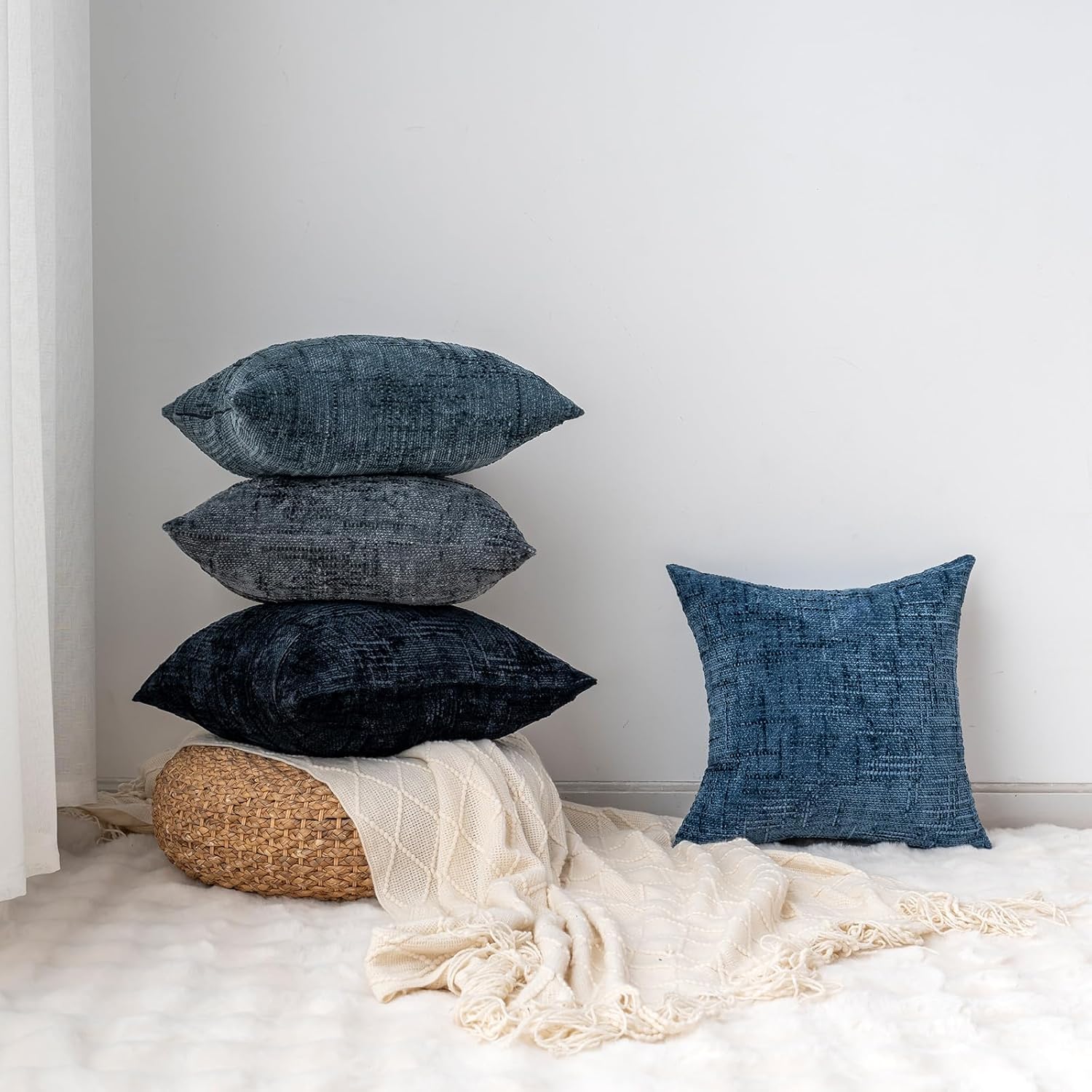 Decorative Throw Pillow Covers 18x18 Inch Set of 4, Soft Solid Farmhouse Chenille Couch Pillows, Spring Pillow Covers for Couch Sofa Bed Living Room Home Decor Pillowcase, Cool Colors