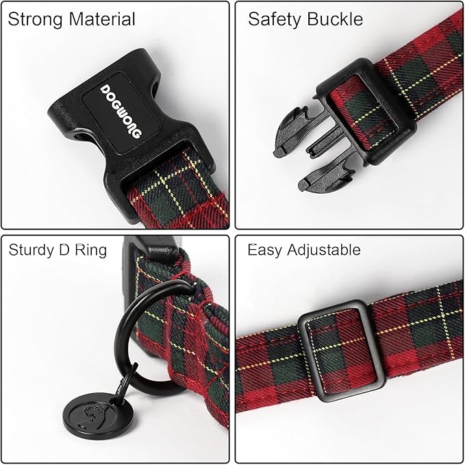 DOGWONG Cotton Christmas Dog Collar, Heavy-Duty Christmas Red Plaid Dog Collar Durable Soft Natural Fabric Pet Dog Collars for Large Dogs,XL