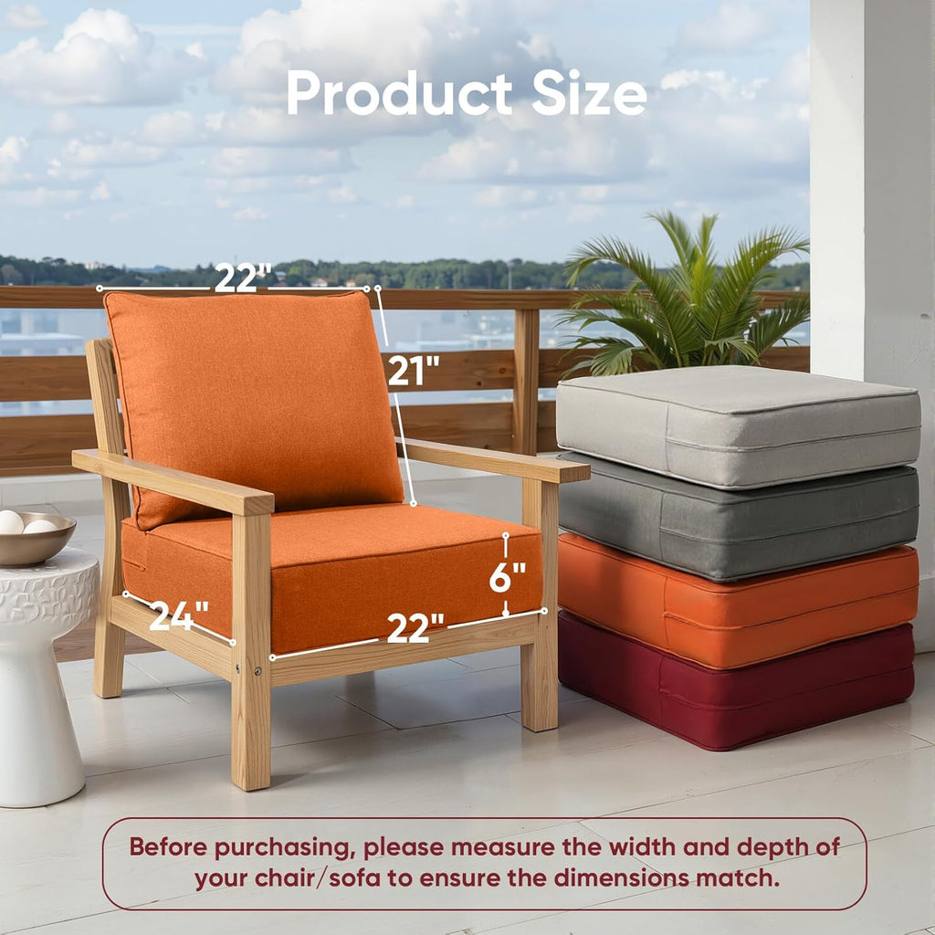 Outdoor Furniture Cushions, 6 inch Thick Seat Cushions for Outdoor Furniture, Waterproof 22x24 Patio Couch Cushions, Replacement Chair/Sofa Cushion, Include 3 Back & 3 Seat Cushion, Thick/Orange