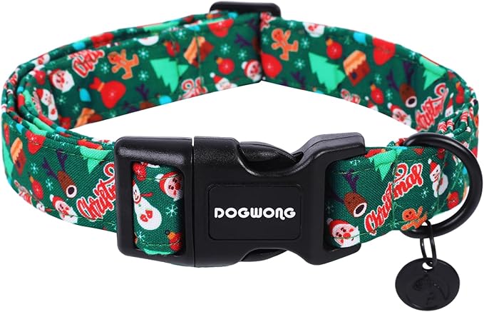 DOGWONG Christmas Cotton Dog Collar, Green Santa Christmas Dog Collar Durable Soft Fabric Pet Dog Collars Cute Puppy Necklace for Small Medium Large Dogs