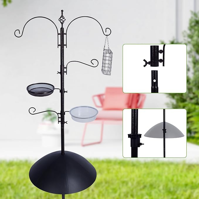 Backyard Expressions Heavy Duty Bird Feeding Station Kit w/Squirrel Baffle - 90" Bird Feeder Pole with 5 Prong Base, Suet Feeder, Mesh Feeding Tray, 4 Feeder Hooks, Water Dish - Black w/Gold Fleck