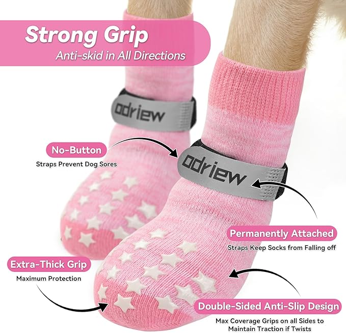 Non Slip Dog Socks to Prevent Licking Paws - Dog Booties for Hardwood Floors Anti Slip - Grippy Socks for Senior Dog - Double Side Paw Protector Prevent Scratching for Hot Pavement. (Pink, S)