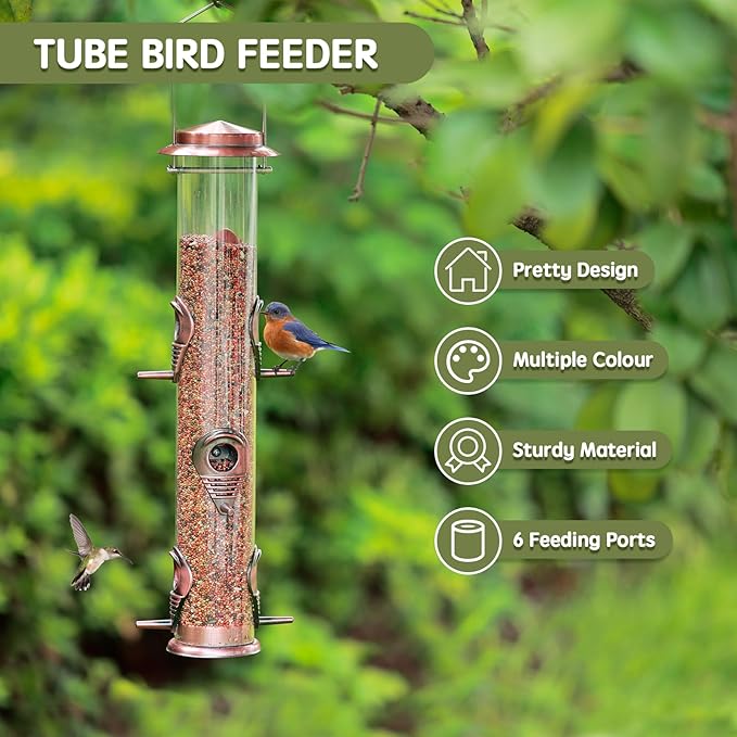 MIXXIDEA Metal Wild Bird Feeder, Squirrel Proof, Hanging 6 Port Tube Finch Feeder for Attracting Birds in Lawn, Garden, Balcony - Antique Copper