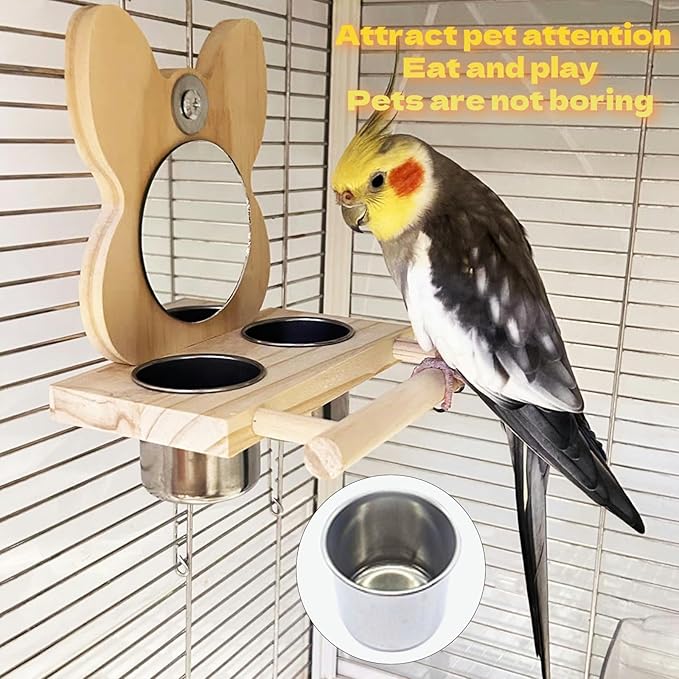 Bird Mirror Parrot Perch with Mirror and Stainless Steel Feeding Cups for Parakeets Cage Swing Wooden Mirror Fun Play Toy for Birds Lovebird Conures Cockatiels
