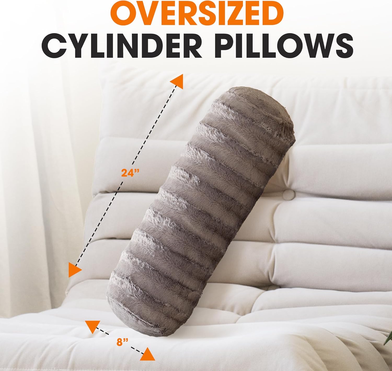 Cheer Collection Faux Fur Bolster Pillows – Soft Decorative Cylinder Pillows for Bed or Couch, Machine Washable – 8” x 24”, Set of 2, Gray