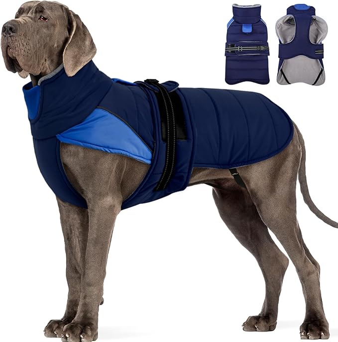 MIGOHI Thermal Large Dog Fleece Jacket - Rainproof Coat for Large Dogs, Thick Dog Winter Coat,Snow Jacket for Dogs Windproof for Hunting Camping,Windy Chilly Days,Doberman,Great Dane,3XL,DarkBlue