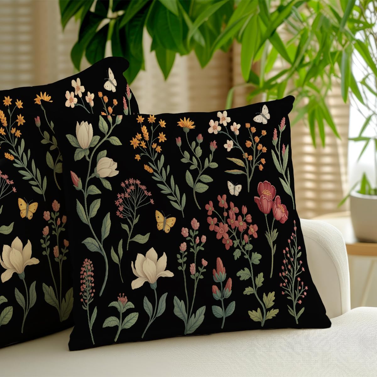 2 Pcs Spring Floral Pillow Covers, Black Botanical Wildflower Herbs Throw Pillow Covers, Summer Flower Plant Decorative Pillowcase Farmhouse Linen Square Cushion Case for Women Friend Sister