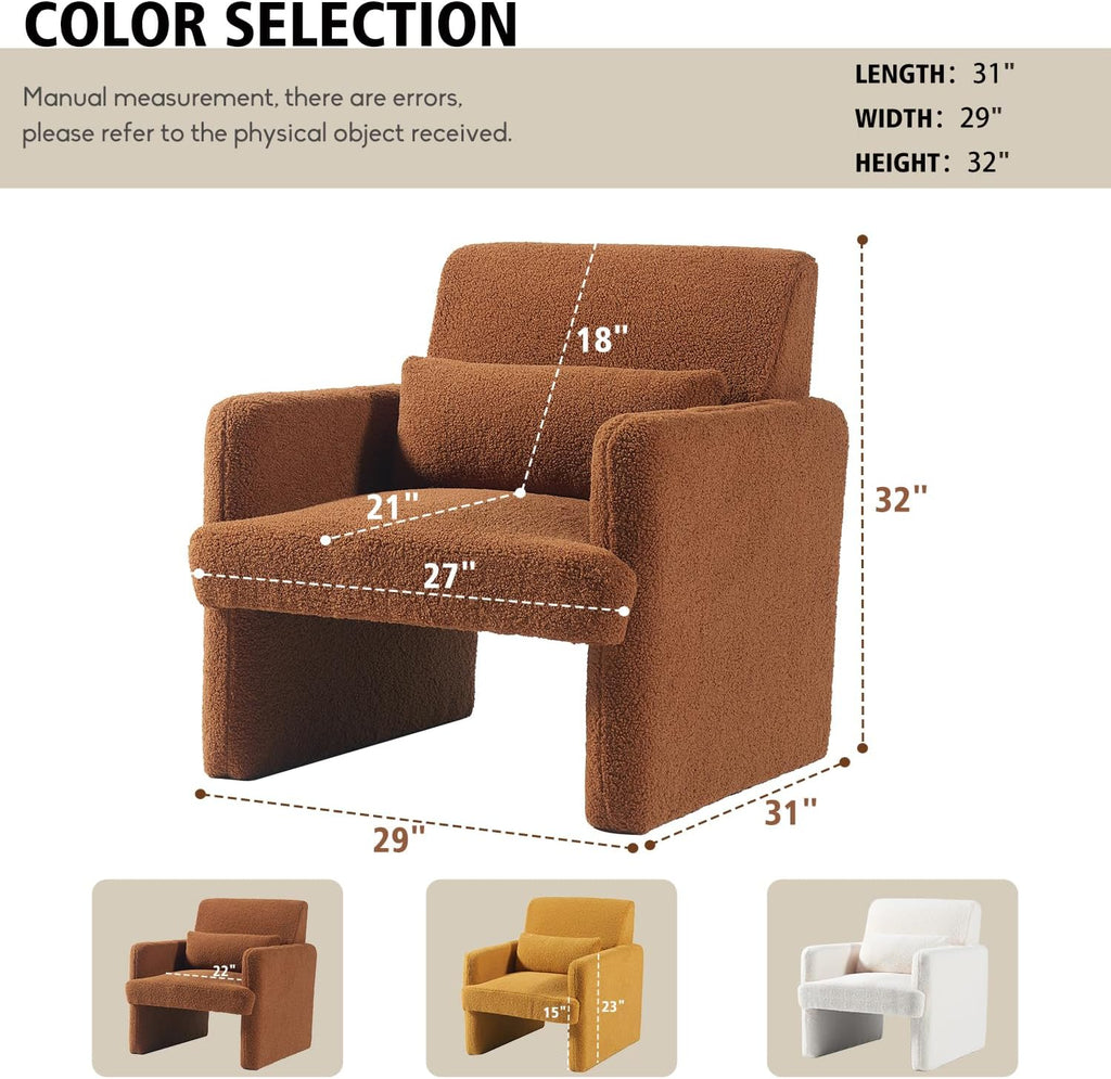 Gaussen Sherpa Accent Chair Mid Century Modern Living Room Chairs with Pillow Fluffy Single Sofa Chair Upholstered Arm Chair Oversized Reading Chair Comfy Chair for Bedroom/Office/Cafe (Autumn)