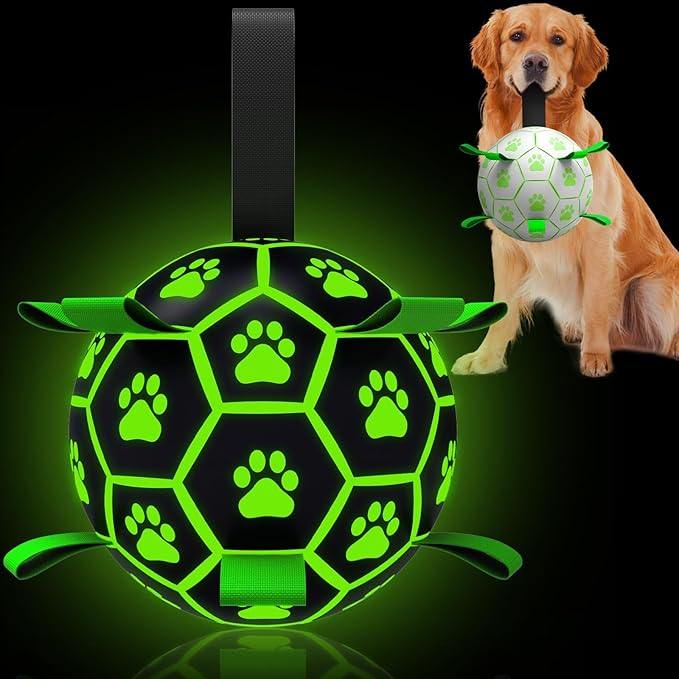 QDAN Premium Glow in The Dark Dog Toys, Dog Ball with Straps, Soccer Ball for Dogs, Outdoor Dog Toys, Pet Birthday Toys, Puppy Essentials for Medium to Large (8Inch)