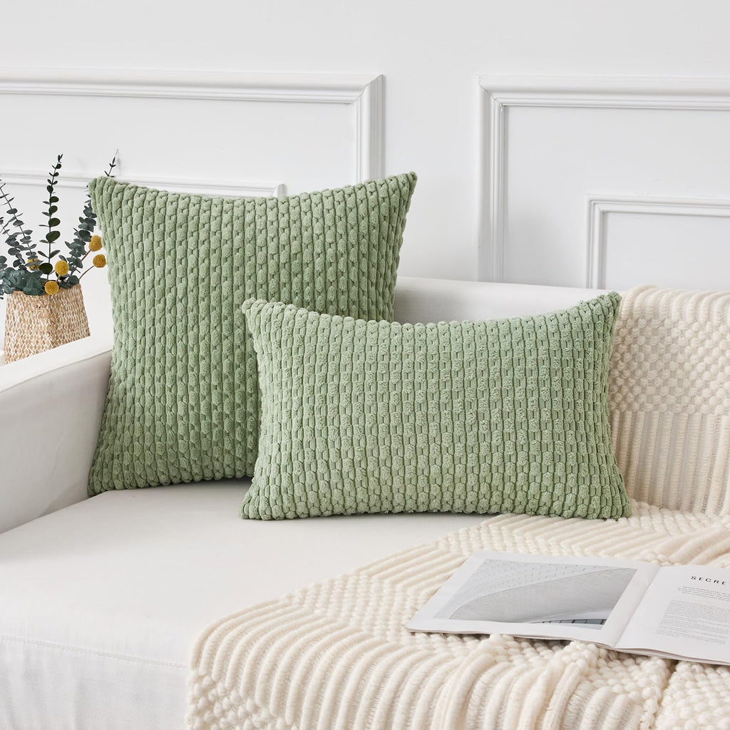 Kevin Textile 12x20 Inch Pillow Cover 1 Pack Boho Decorative Soft Striped Corduroy Lumbar Farmhouse Solid Color Accent Rectangle Cushion Case for Living Room Couch Sofa Bed, Sage Green