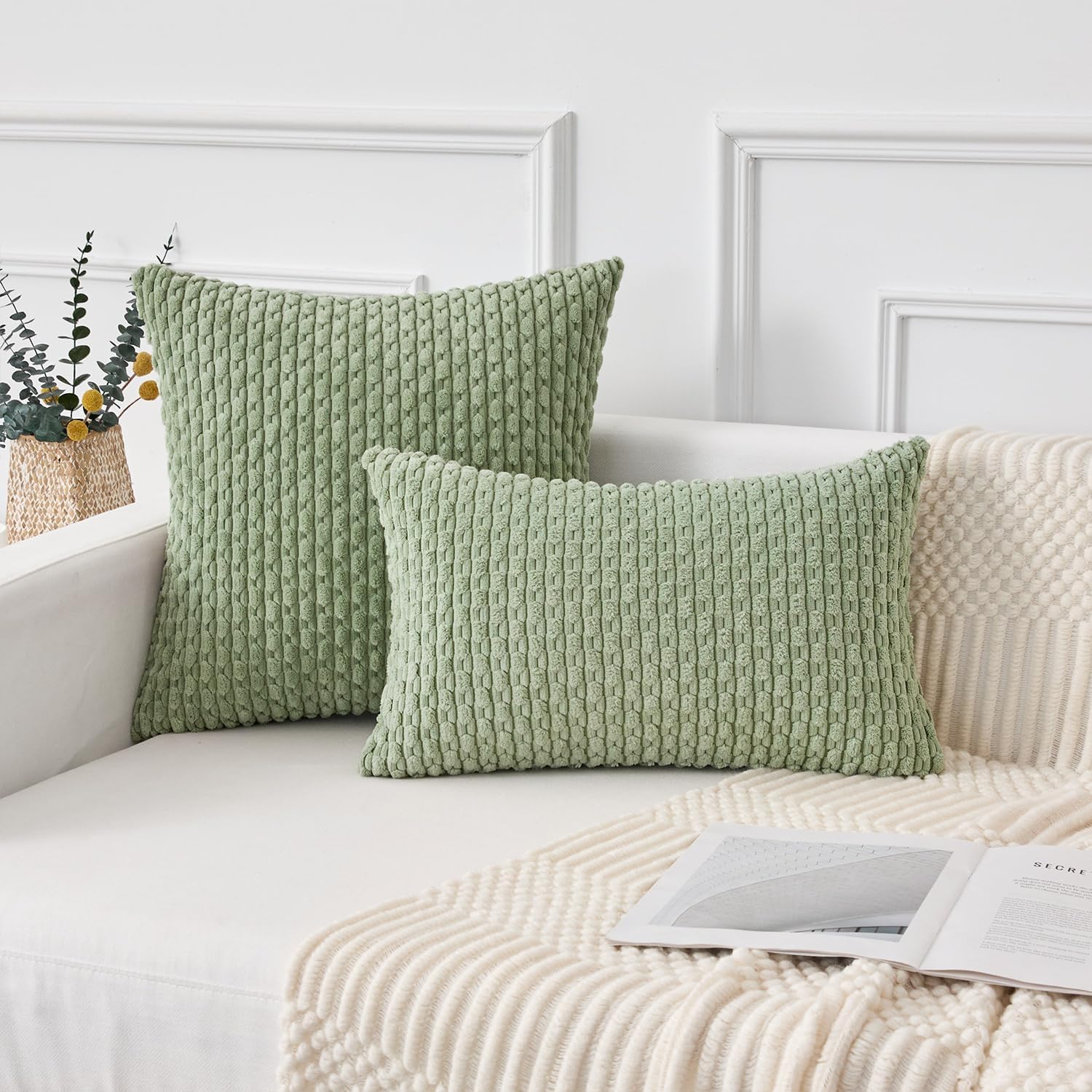 Kevin Textile 12x20 Inch Pillow Cover 1 Pack Boho Decorative Soft Striped Corduroy Lumbar Farmhouse Solid Color Accent Rectangle Cushion Case for Living Room Couch Sofa Bed, Sage Green