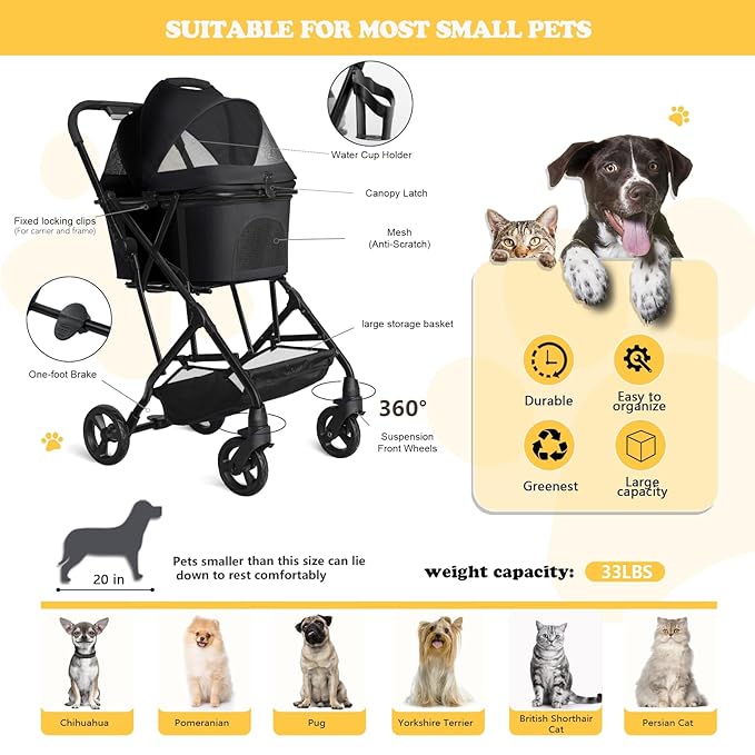 3 in 1 Dog Stroller, Lightweight Foldable Pet Stroller for Small/Medium Dogs Cats Up to 33lbs with Detachable Carrier, Storage Basket and Cup Holder - Black