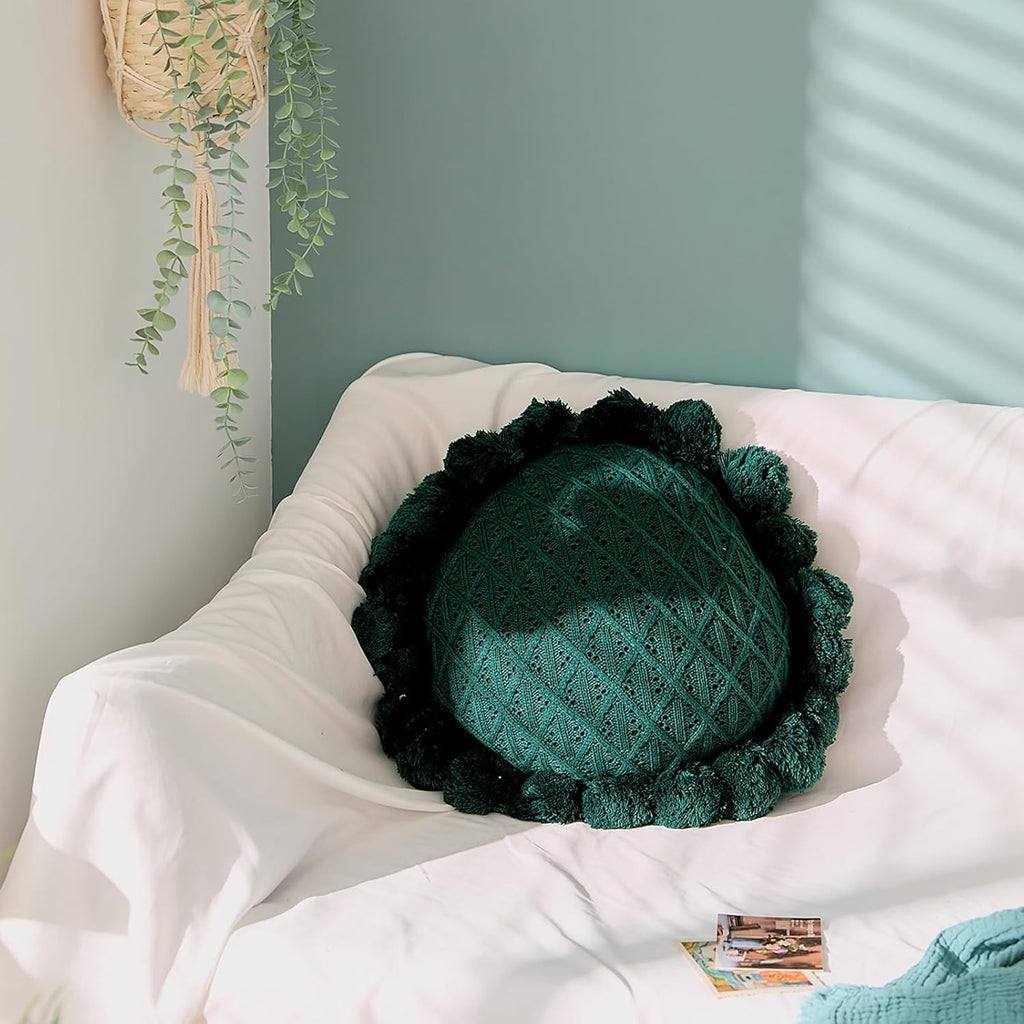 Acrylic Knitted Round Throw Pillow Knitting Bohemian Circular Cushion Pillow with Knit Handmade Pompoms Decorative Dark Green, Diameter 18inches
