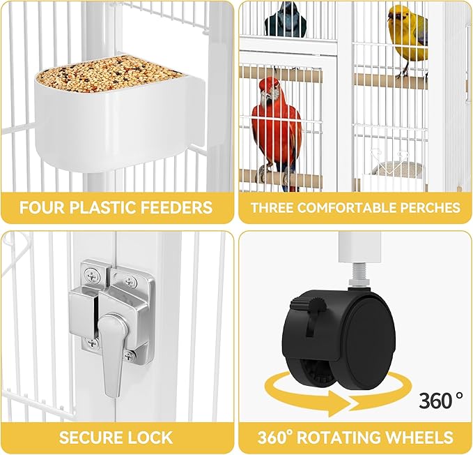 DWVO 41-inch Metal Bird Cage: Large Parrot Cages with Rolling Stand - Features Tray, Food Boxes & Wooden Perches for Parakeets, Lovebirds, Cockatiels, Finches and Pigeons, White