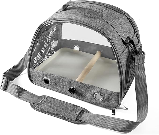 Small Bird Carrier Cage with Standing Perch & Tray Portable & Breathable Pet Travle Transport Carry Bag with Shoulder Strap for Vet Visit & Outdoor Walking (Grey)
