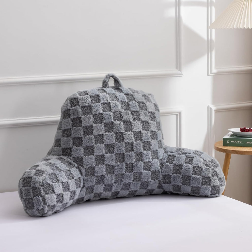 A Nice Night Faux Fur Reading Pillow,Checkered Fluffy Grid Plaid,Bed Wedge Pillow Large Adult Children Backrest with Arms for Bedrest,Grey