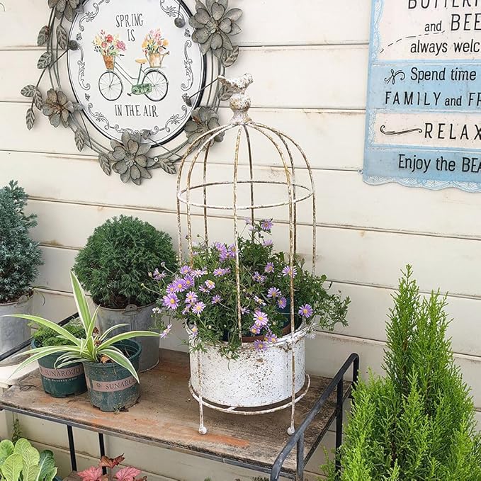 Rustic Vintage Birdcage Planter on Stand Farmhouse Distressed Decorative Metal Round Plants Holder Flower Pot with Latch Lock Closure for Garden Patio Yard Home Outdoor Balconies Decor