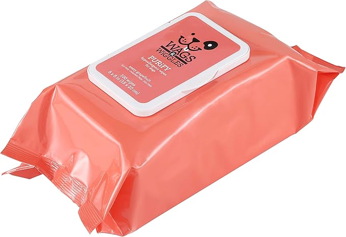 Wags & Wiggles Purify Hypoallergenic Wipes for Dogs, Zesty Grapefruit Scent - Scented Dog Wipes Gently Clean & Condition Your Dog's Coat Without A Bath, 100 Count - 12 Pack