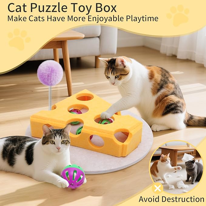 Interactive Felt Cat Toy Box for Indoor Cats,Puzzle Toy with 3 bell Balls & Spring Teaser Pet Games Self Play Fun Exercise Hide Seek Moving Cat Toy for Bored Cats Encourages Hunting Instincts (Yellow)