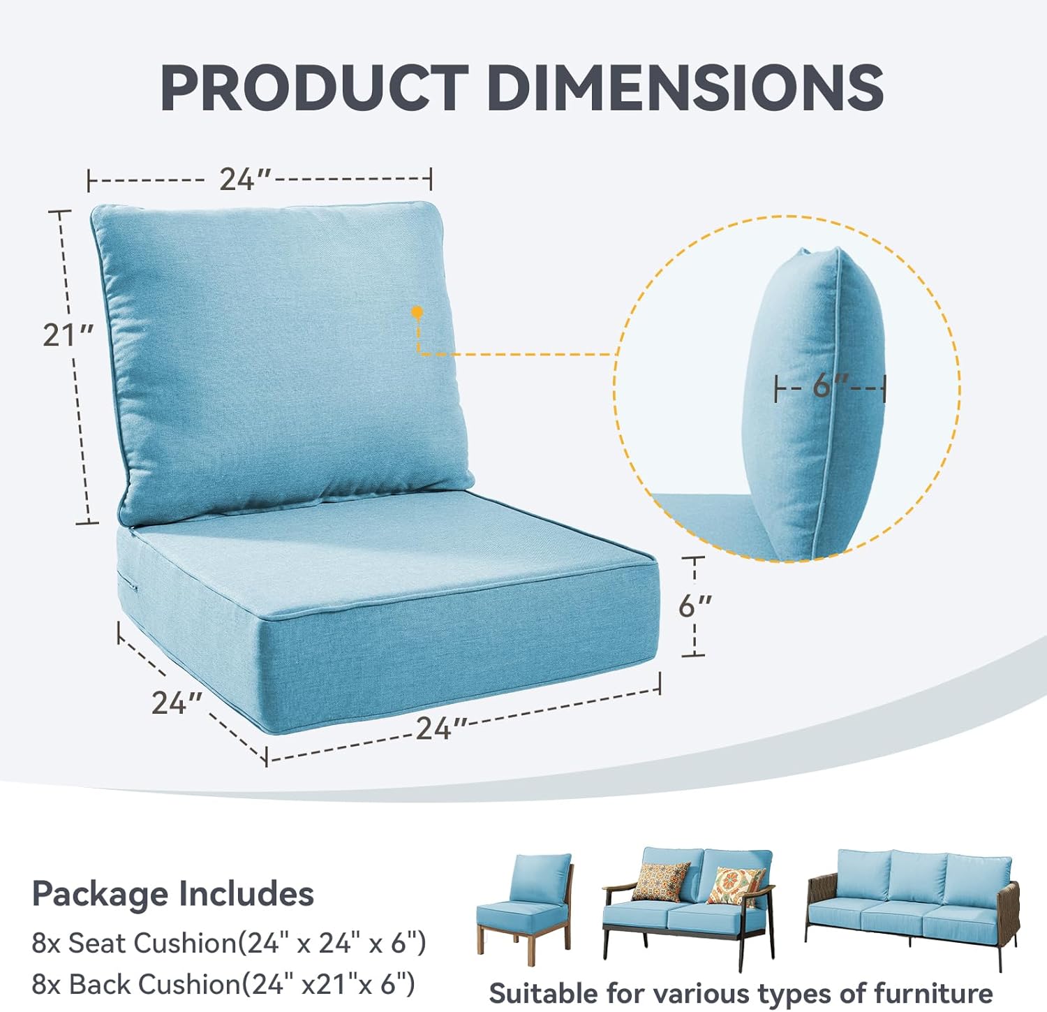 Outdoor Cushion Set for Furniture Patio Furniture, UV Resistant, Water Resistant - 6 Inch Thick Foam Garden Cushions– 24x24 Inch Patio Seat Covers for Chair/Sofa/Couch | Light Blue | 8-Pack |