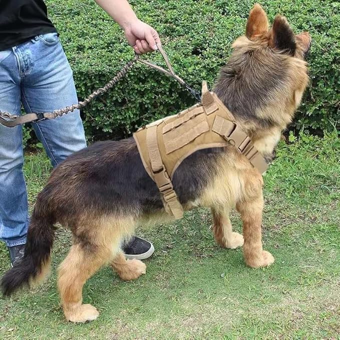 Generic Tactical Dog Harness with Handle, Collar, and Leash Set, Dog Vest Harness, No Pull Working Dog Molle Vest with Patches- Adjustable Buckles for Large-Dogs (Khaki-X_Large)