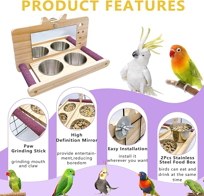 Bird Mirror Parrot Perch with Mirror and Feeding Cups Parrot Cage Swing Wooden Mirror Fun Play Toy for Lovebird Parakeets Conures Cockatiels
