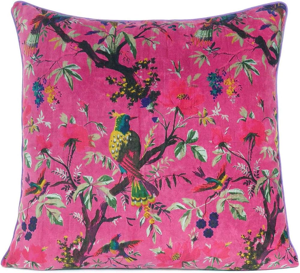 Eyes of India 24x24 inch Burgundy Red Velvet Floral Flower Bird Throw Pillow Sofa Cushion Cover Case Couch Bohemian Accent Colorful Boho Chic Indian Handmade Cover Only