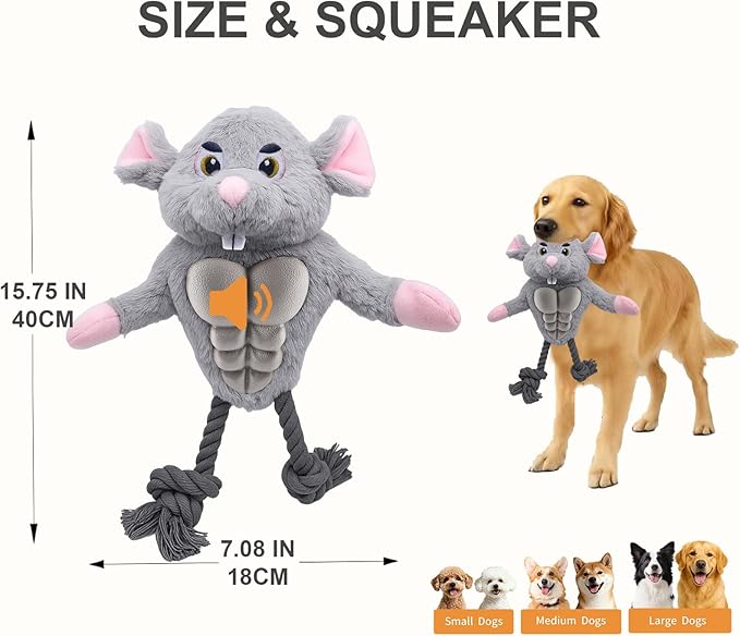 Funny Muscle Mouse Dog Toy – Plush Rat with Squeaky Rubber Chest & Rope Legs, Durable Interactive Chew Toy for Medium & Large Dogs, Cute Stuffed Animal for Tug, Fetch & Dental Play