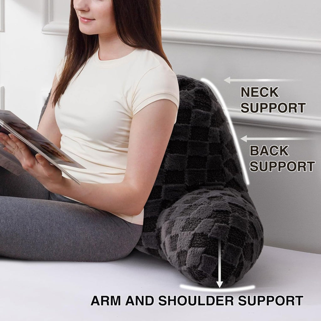 A Nice Night Faux Fur Reading Pillow,Checkered Fluffy Grid Plaid,Bed Wedge Pillow Large Adult Children Backrest with Arms for Bedrest,Darkgrey