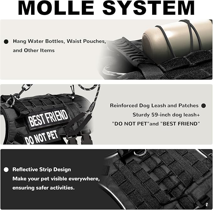 Tactical Large Dog Harness,No Pull Adjustable Tactical Dog Harness and Leash Set,Reflective Dog Vest Harness for Training and Walking,Black L