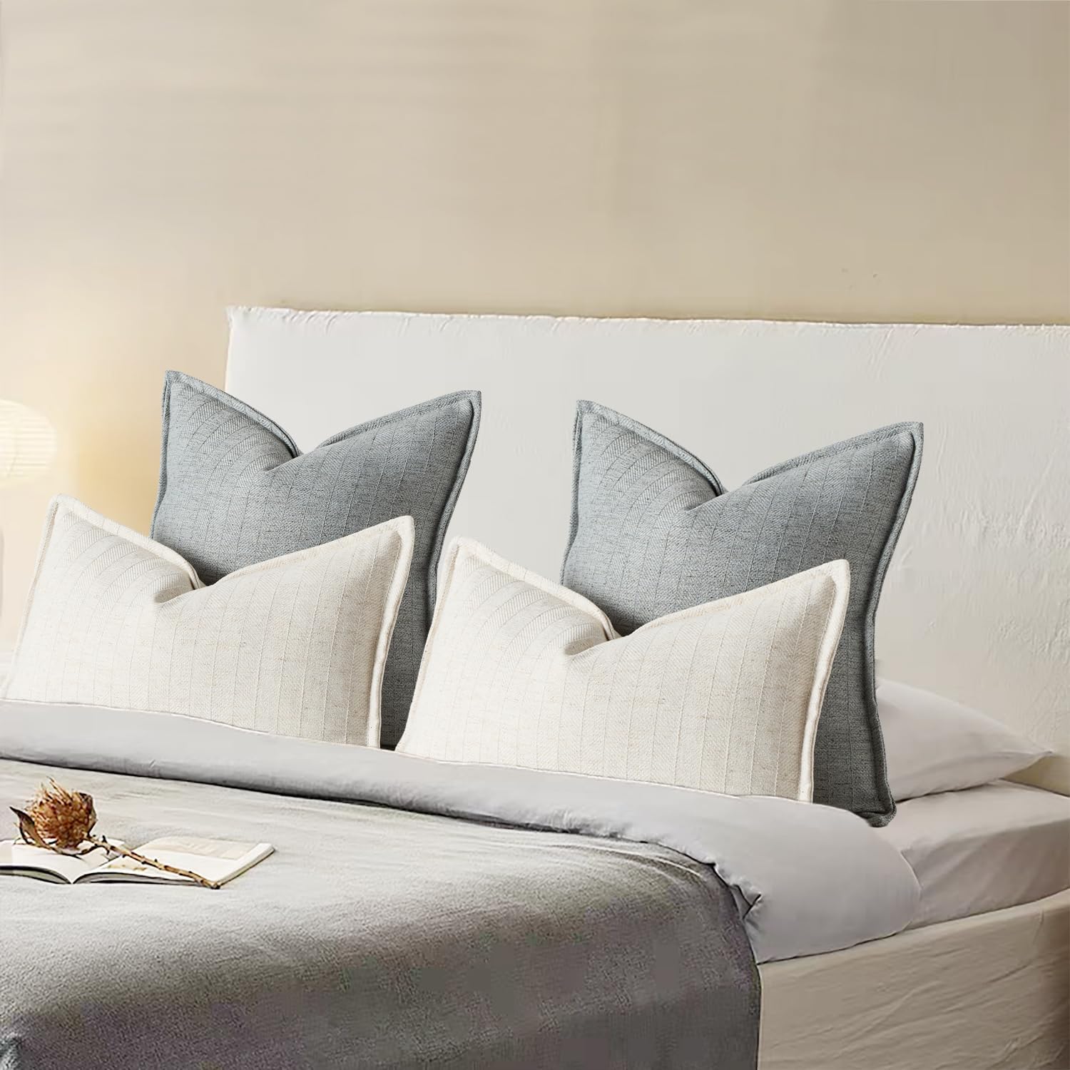 12x20 Linen Pillow Covers Beige Pack of 2 Farmhouse Boho Neutral Accents Striped Textured Rectangular Lumbar Decorative Throw Pillow Cases for Living Room Couch Bed Home Decor