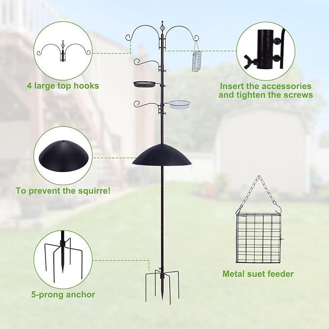 Backyard Expressions Heavy Duty Bird Feeding Station Kit w/Squirrel Baffle - 90" Bird Feeder Pole with 5 Prong Base, Suet Feeder, Mesh Feeding Tray, 4 Feeder Hooks, Water Dish - Black w/Gold Fleck