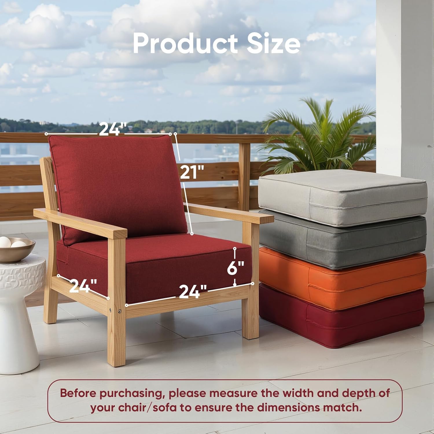 Outdoor Chair Cushions Set of 2, Waterproof 24x24 Patio Chair Cushion, 6" Thickened Seat Cushion for Outdoor Furniture, Couch Cushion Replacement, Include 2 Back & 2 Seat Cushions, Thick/Red