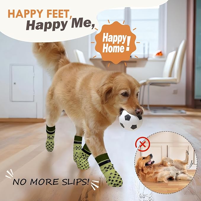 Non Slip Dog Socks to Prevent Licking Paws Grippy Socks for Senior Dog on Hardwood Floors Anti Slip Dog Socks for Christmas Holiday Double Side Paw Protector Prevent Scratching Green XXL