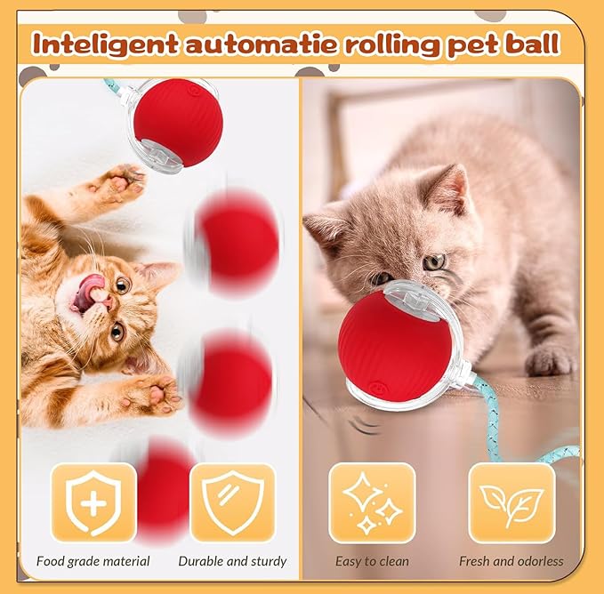 Interactive Cat Toys for Indoor Cats, Speedy Moving Ball Cat Toys with Colorful Tail, Smart Interactive Cat Rolling Ball (Red)