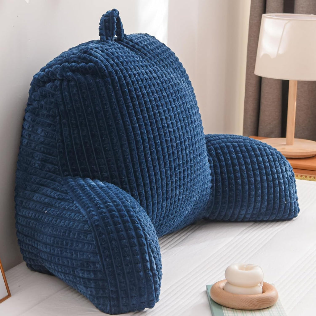 A Nice Night Reading Pillow Bed Wedge Large Adult Children Backrest with Arms Back Support for Sitting Up in Bed/Couch for Lounging Bedrest,Waffle Stereoscopic Design,Navy