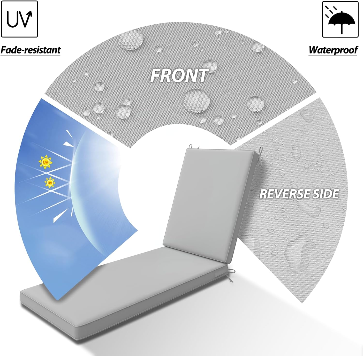 AAAAAcessories Outdoor Chaise Lounge Cushions, Waterproof, Fade-Resistant Patio Furniture Replacement Cushions, 80" x 26" x 3", Soft Gray